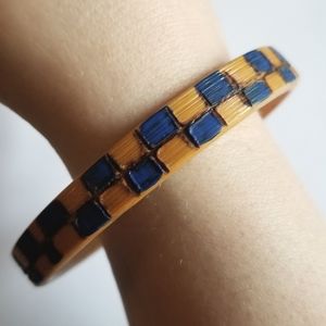 Vintage wood bangle bracelet blue and tan carved checkerboard pattern